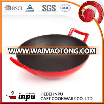 14 inch eco friendly red enamel cast iron wok with lid